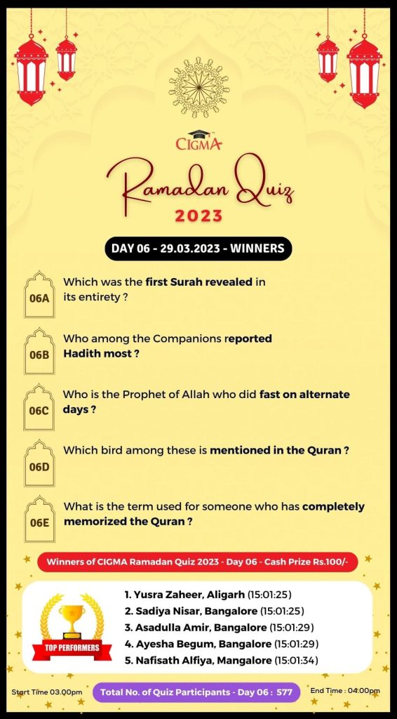 CIGMA Ramadan Quiz 2023 - Day 06 - 29 March 2023