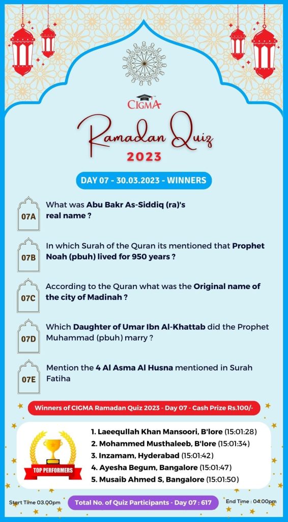 CIGMA Ramadan Quiz 2023 - Day 07 - 30 March 2023