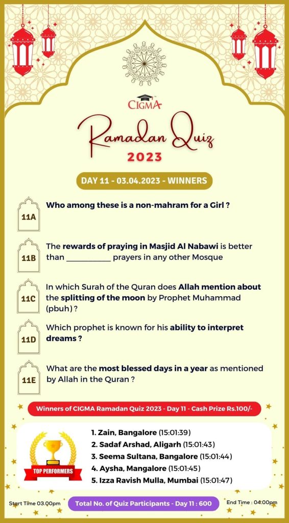 CIGMA Ramadan Quiz 2023 - Day 11 - 03 April 2023