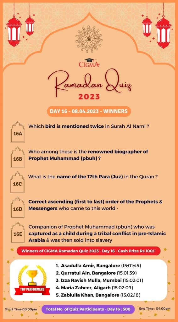 CIGMA Ramadan Quiz 2023 - Day 16 - 08 April 2023