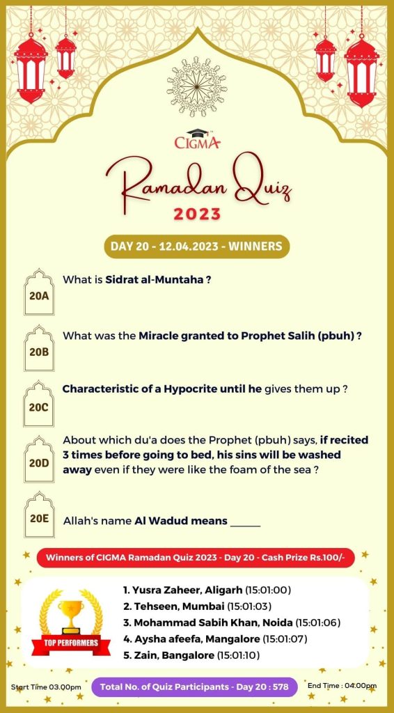 CIGMA Ramadan Quiz 2023 - Day 20 - 12 April 2023