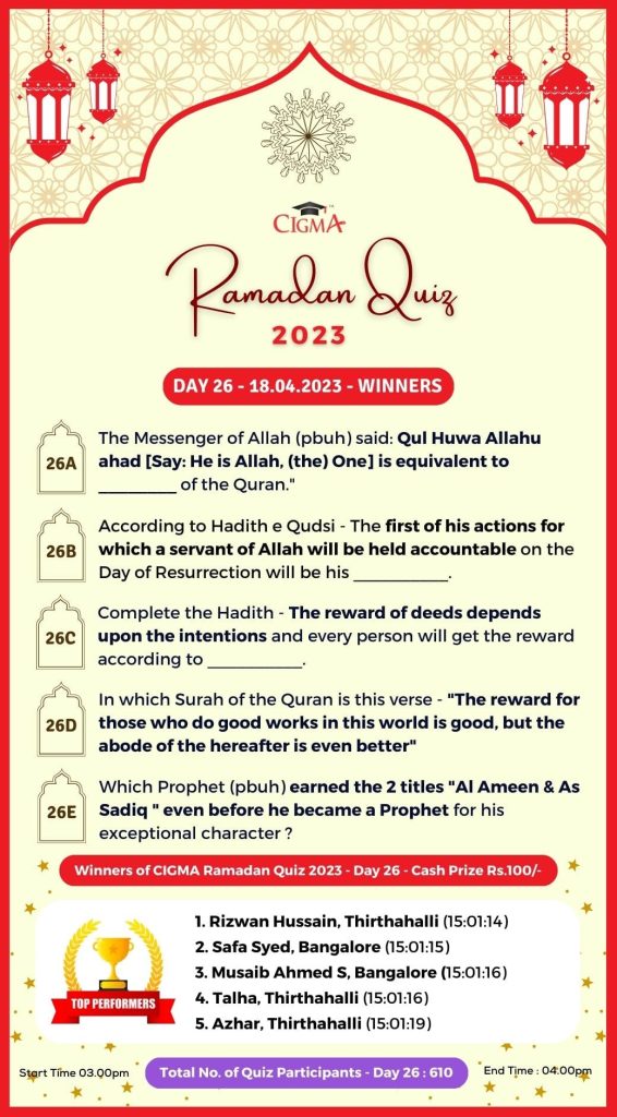 CIGMA Ramadan Quiz 2023 - Day 26 - 18 April 2023