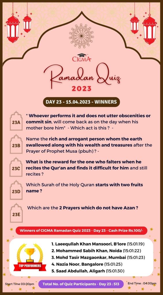 CIGMA Ramadan Quiz - Day 23 - 15 April 2023