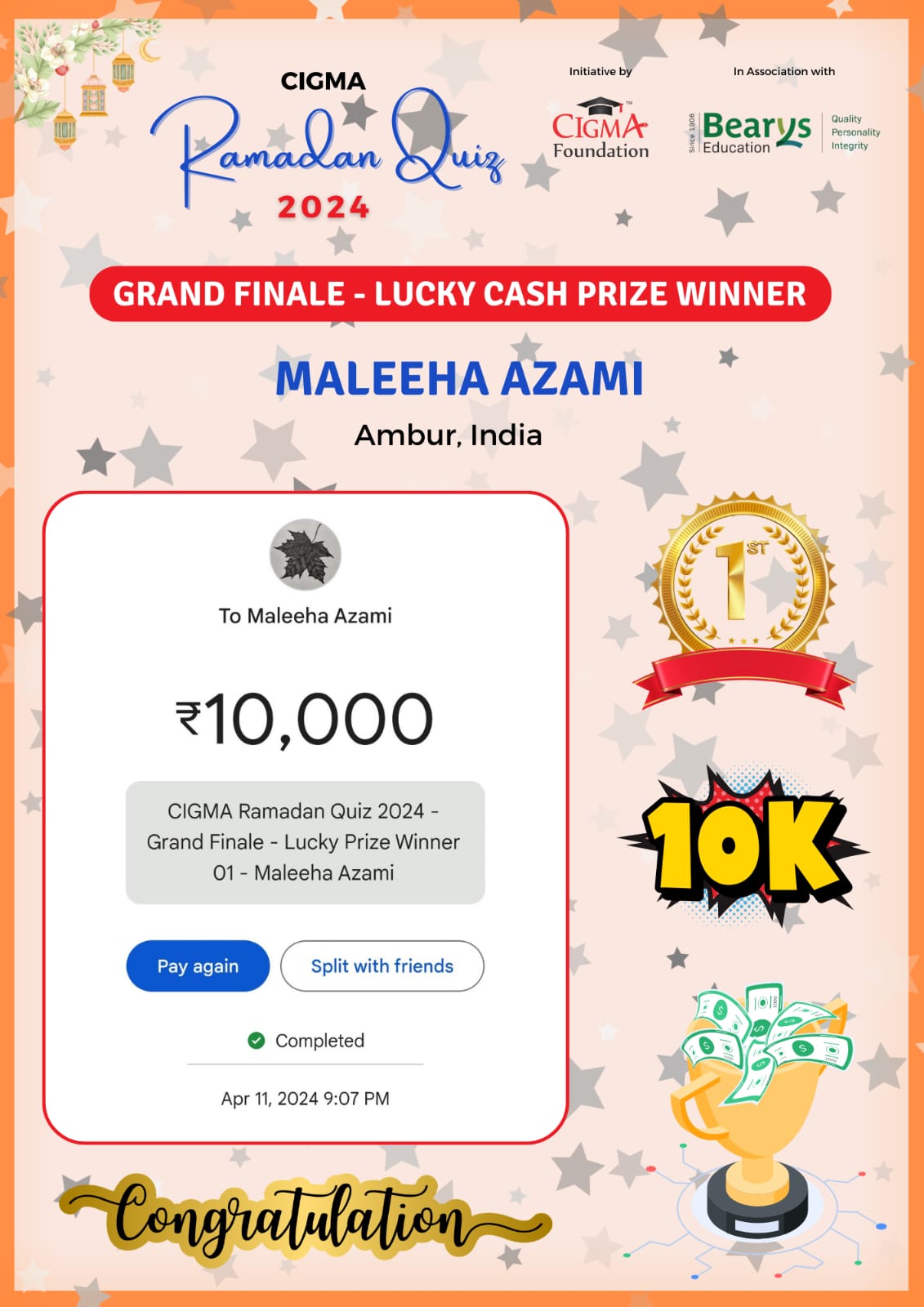 CIGMA Ramadan Quiz 2024 Grand Finale - Lucky Cash Prize Winner - Maleeha Azam - Ramadan 2024 - Eid Mubarak - Champion of CIGMA Ramadan Quiz 2024
