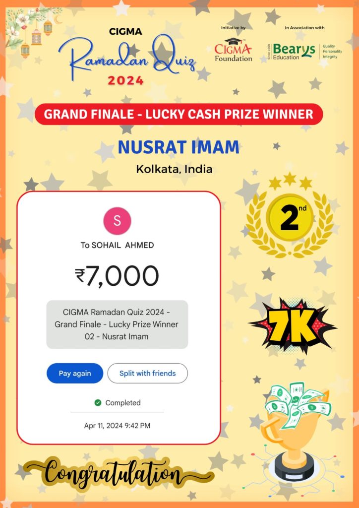 CIGMA Ramadan Quiz 2024 Grand Finale - Lucky Cash Prize Winner second winner- Nusrat Imam - Ramadan 2024 - Eid Mubarak - Champion of CIGMA Ramadan Quiz 2024