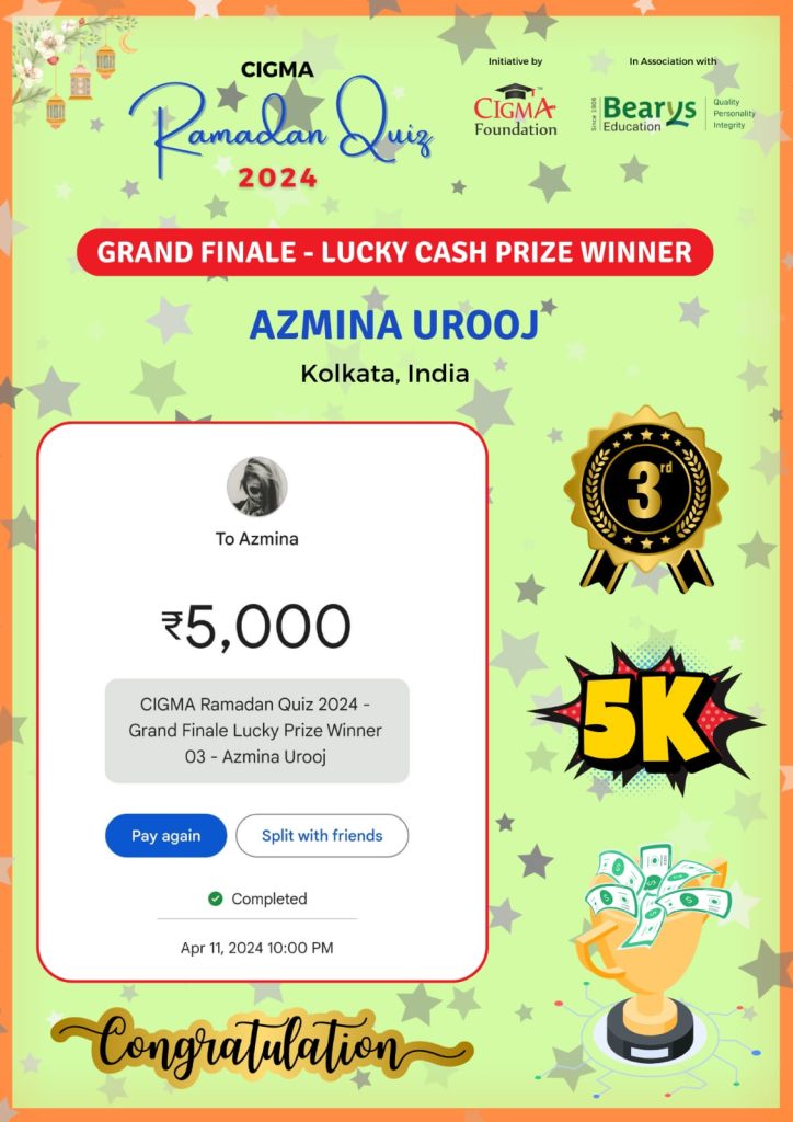 CIGMA Ramadan Quiz 2024 Grand Finale - Lucky Cash Prize Winner third winner- Azima Urooj - Ramadan 2024 - Eid Mubarak - Champion of CIGMA Ramadan Quiz 2024