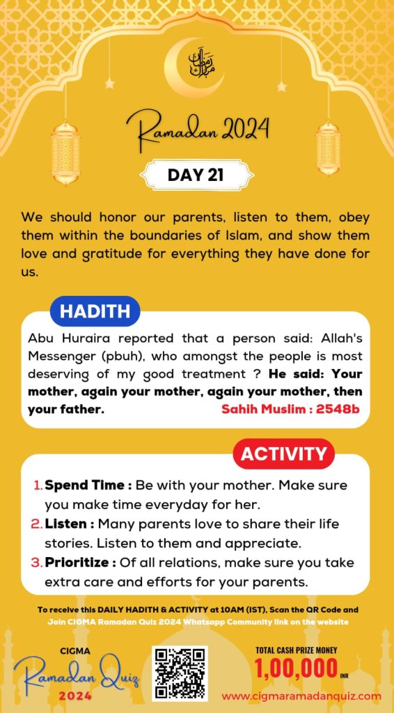 Day 21 Daily Hadith and Activity 01 April 2024 - CIGMA Ramadan Quiz 2024 - Ramadan 2024 - Ramadan Mubarak - Ramazan - Kareem