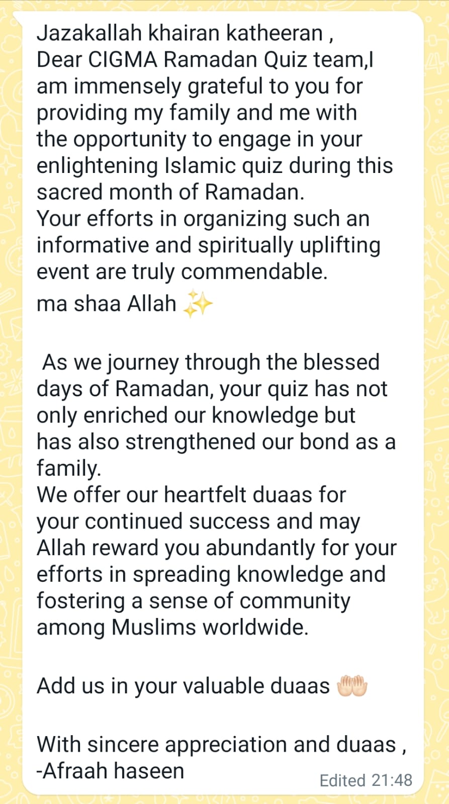 Participants Feed Back Home Carousel - CIGMA Ramadan Quiz 2024 - Ramdan 2025 - Ramdan Kareem Ramadan 2025 - Ramadan Wishes 23